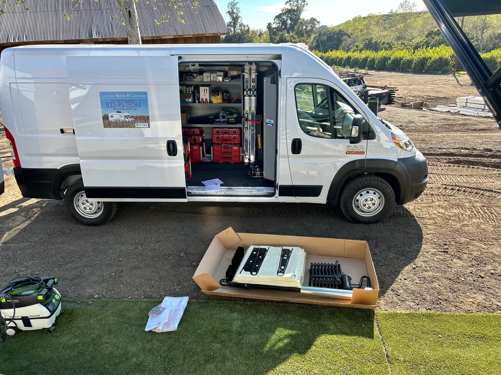 Lavender Mobile RV Solutions branded service van stocked with tools and parts