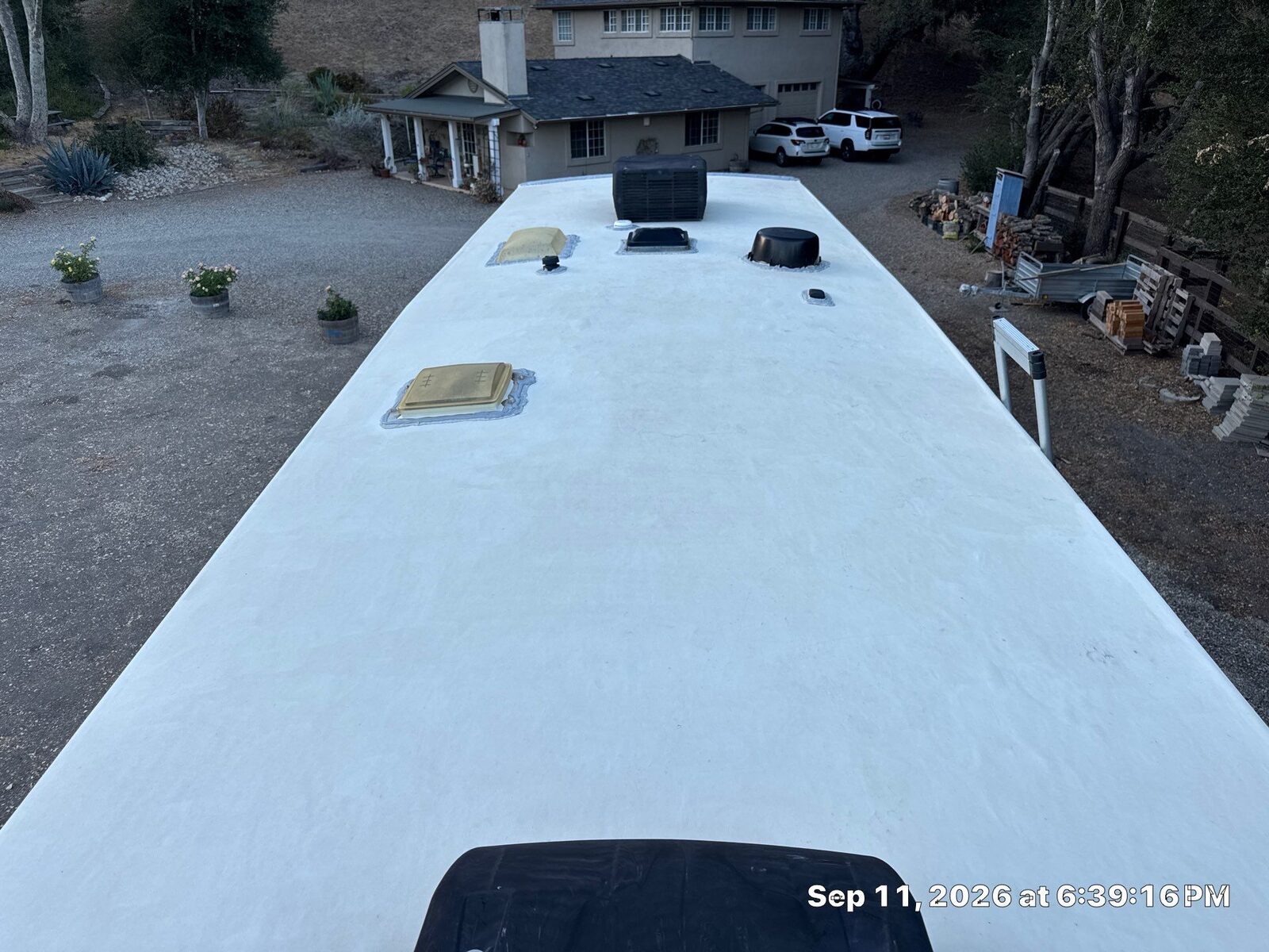 Clean, resealed TPO roof on a Grand Design Solitude fifth wheel after service in the Santa Ynez Valley